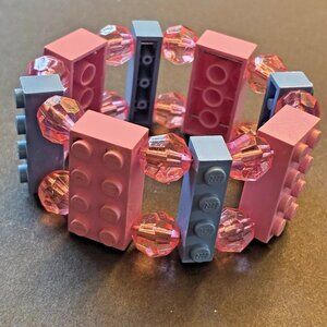 Pink & Blue LEGO Brick+Plastic Bead Stretchy Bracelet-Kawaii, Kidcore, Nerd, Kei